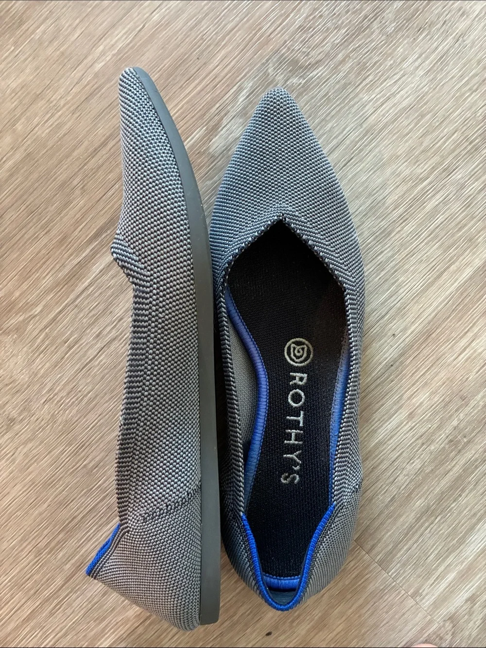 Rothy's Pointed Toe Flats in Gray with Blue Trim